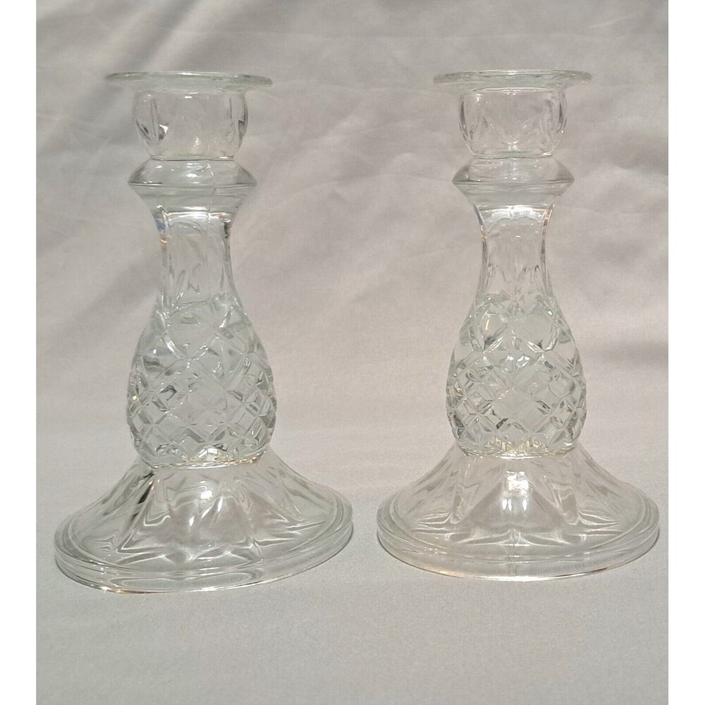 Set of 2 Clear Crystal Glass Candlestick Holders, Pineapple Shaped Heavy Cottage